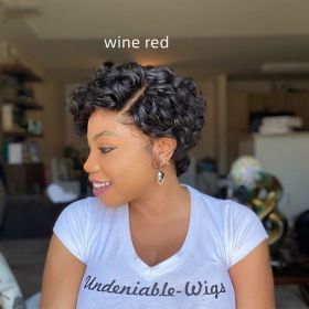 Side Parted Short Curly Wig Headgear Chemical Fiber (Color: Wine Red)